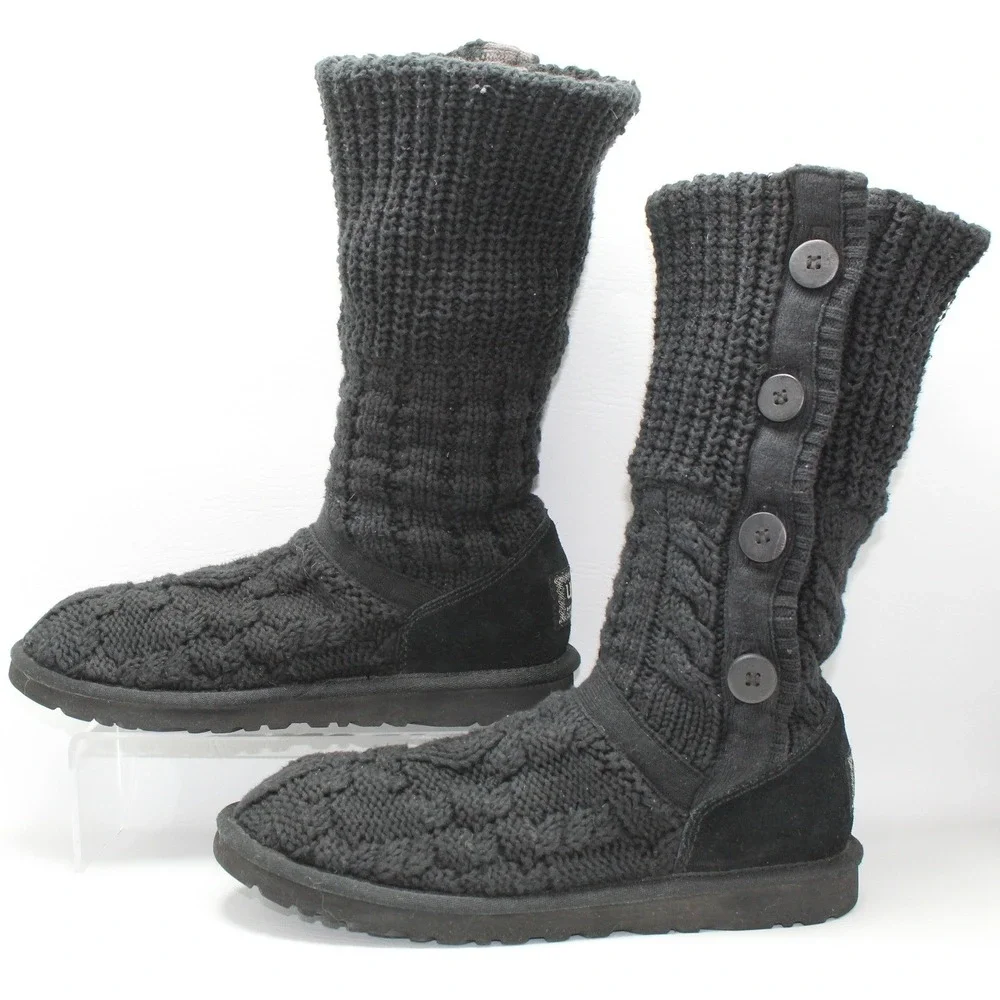 UGG Australia Lattice Cardy Black‎ Knit Button Tall Boots 1000464 Womens 9